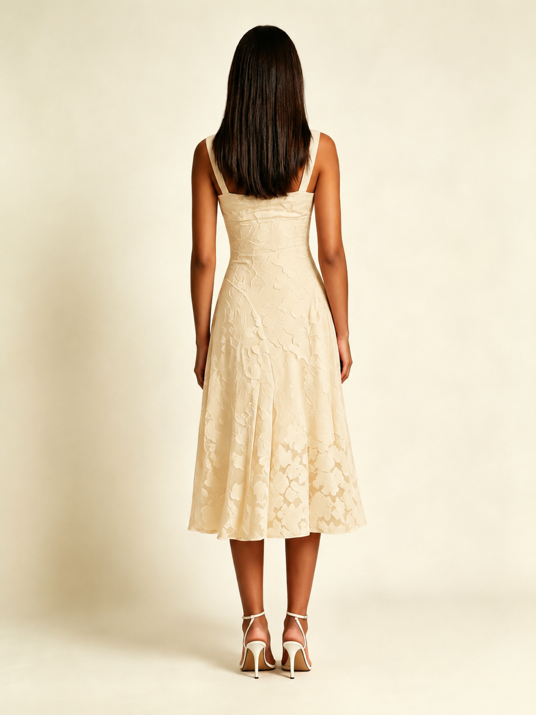 3D Floral Jacquard Square Neck Midi Dress