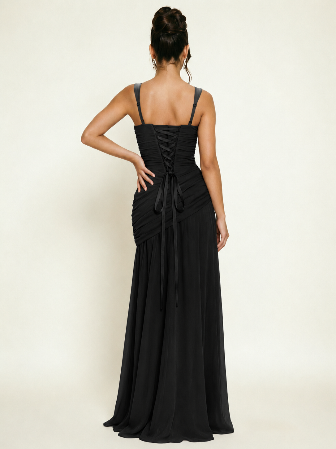 Adjustable Strap Shiny Draped Formal Maxi Dress with Corset Lace Up Back