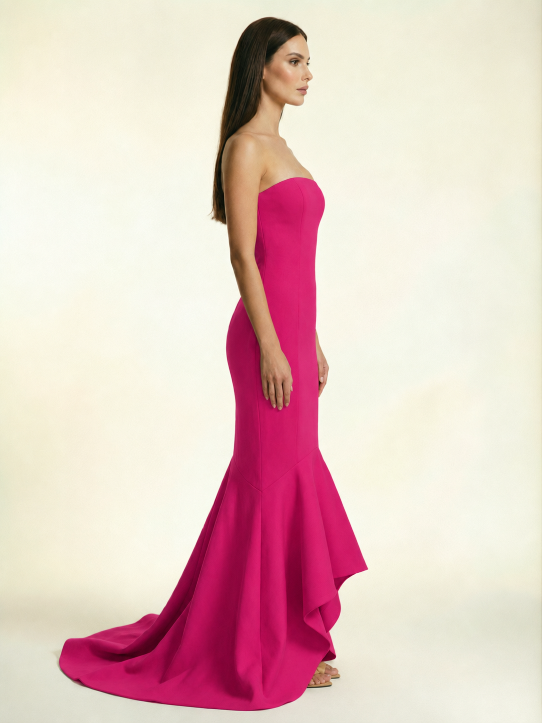 Strapless Satin Mermaid Dress With Ruffled Train & Lace-Up Back