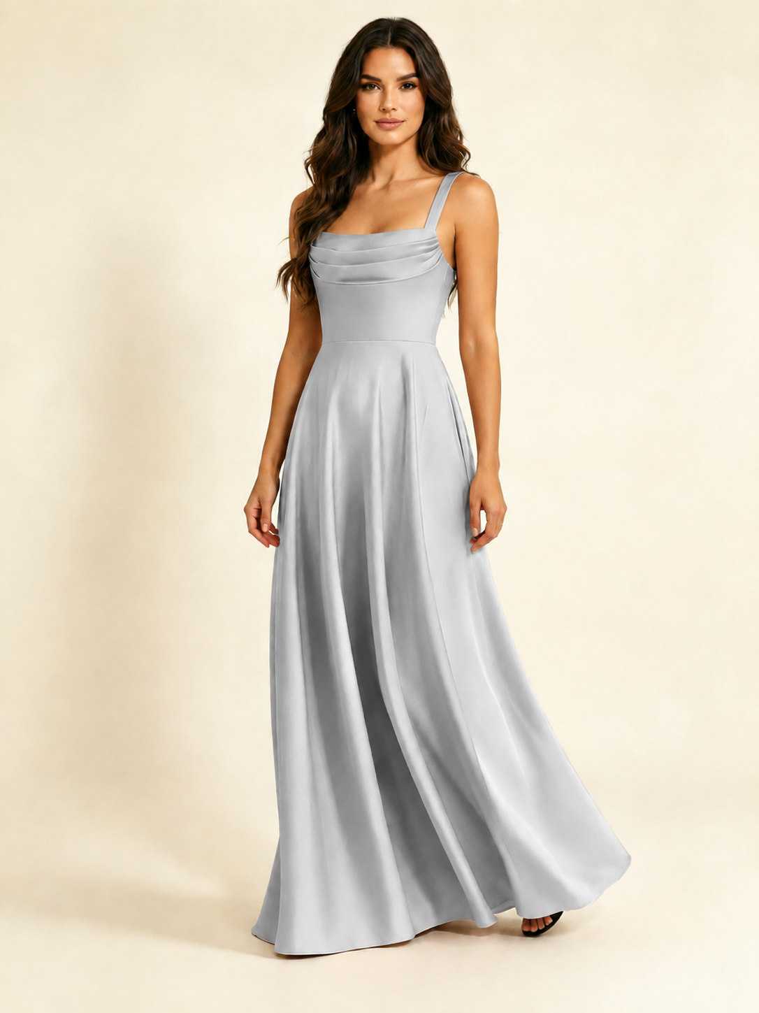 Satin Draped Cowl Square Neck A-Line Maxi Bridesmaid Dress
