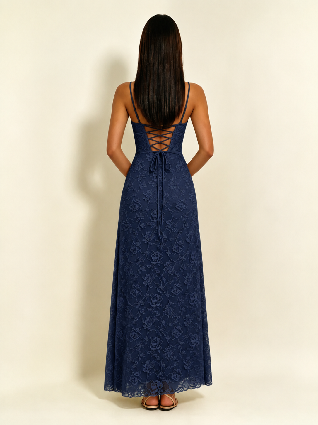 Satin Bust Lace Midi Maxi Dress, Spaghetti Strap Cross Lace Up Back Bridesmaid Dress
