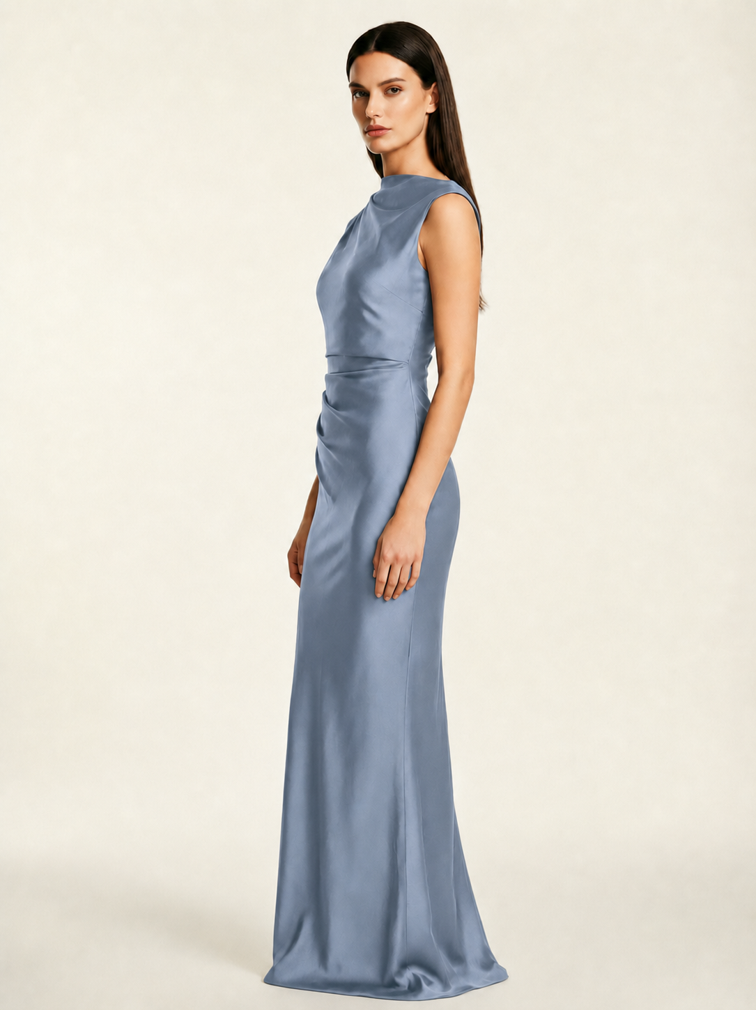 Sleeveless Draped Satin Mermaid Cutout Back Formal Dress