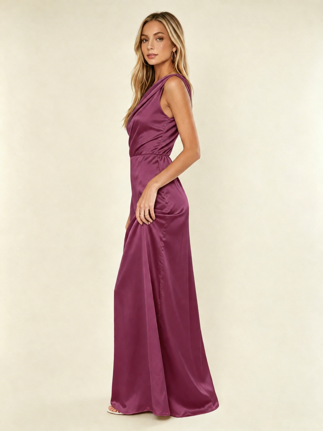 Satin One Shoulder Maxi Dress Asymmetric Draped High Slit Bridesmaid Dress