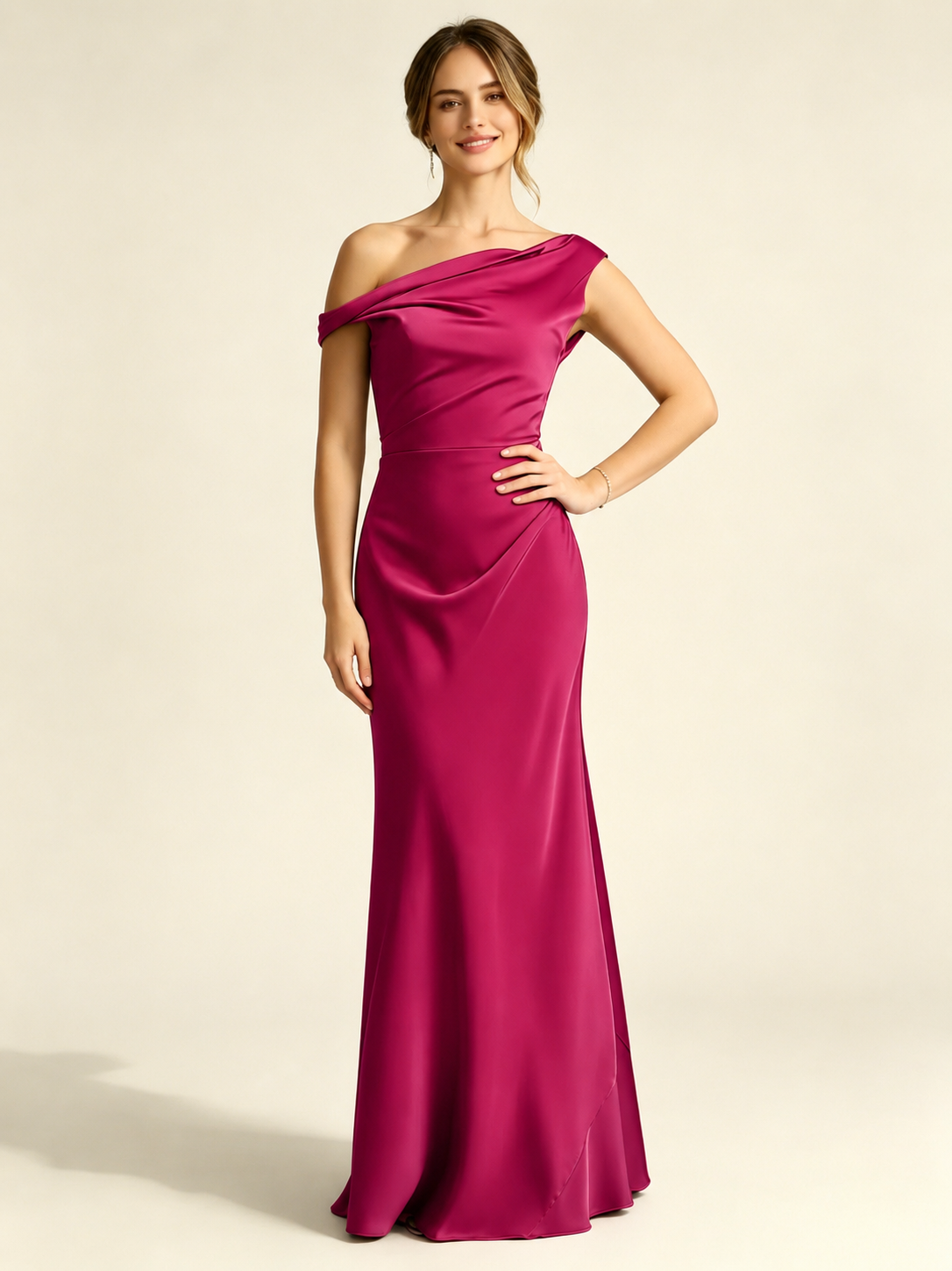 Satin Mermaid Bridesmaid Maxi Dress, Asymmetrical Off Shoulder Ruched Waist Open Back