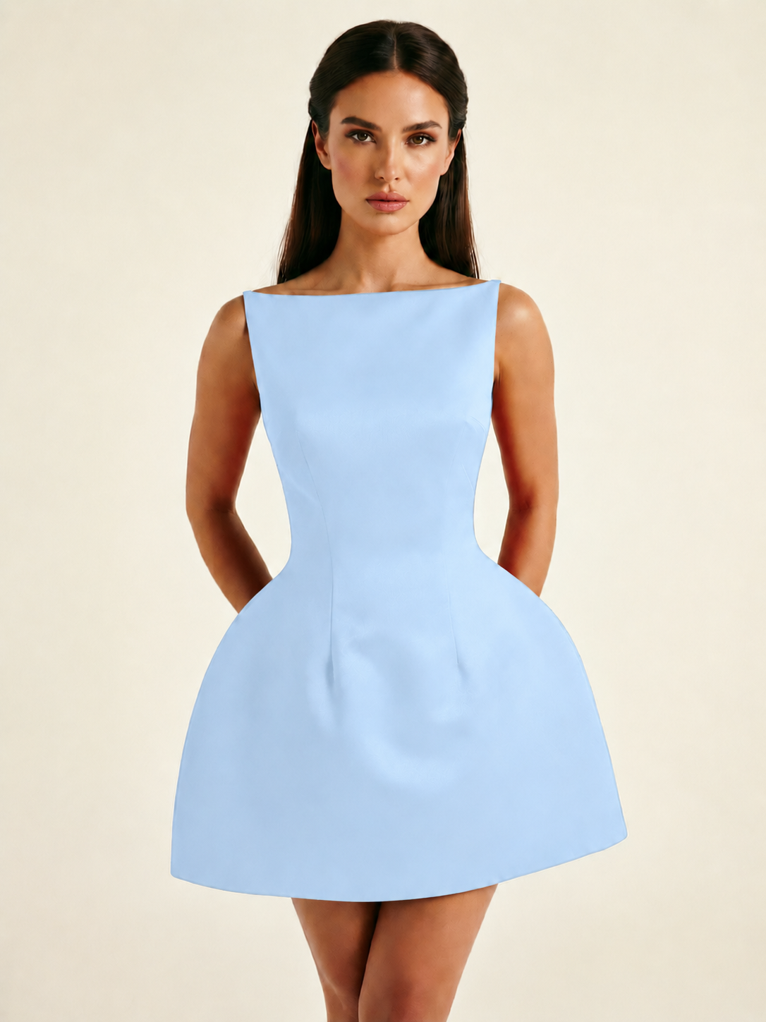 Satin Boat Neck Open Back Fit & Flare Mini Dress