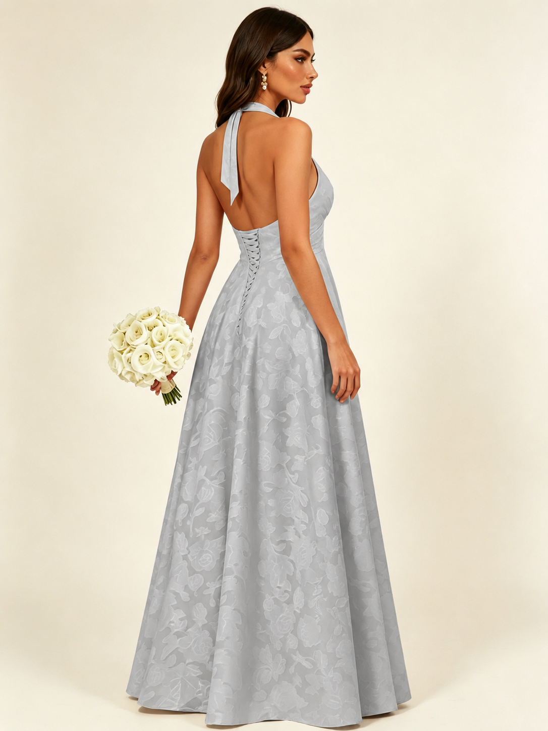 Floral Jacquard Halter Deep V A-Line Maxi Dress Backless Lace-Up Corset Bridesmaid Dress