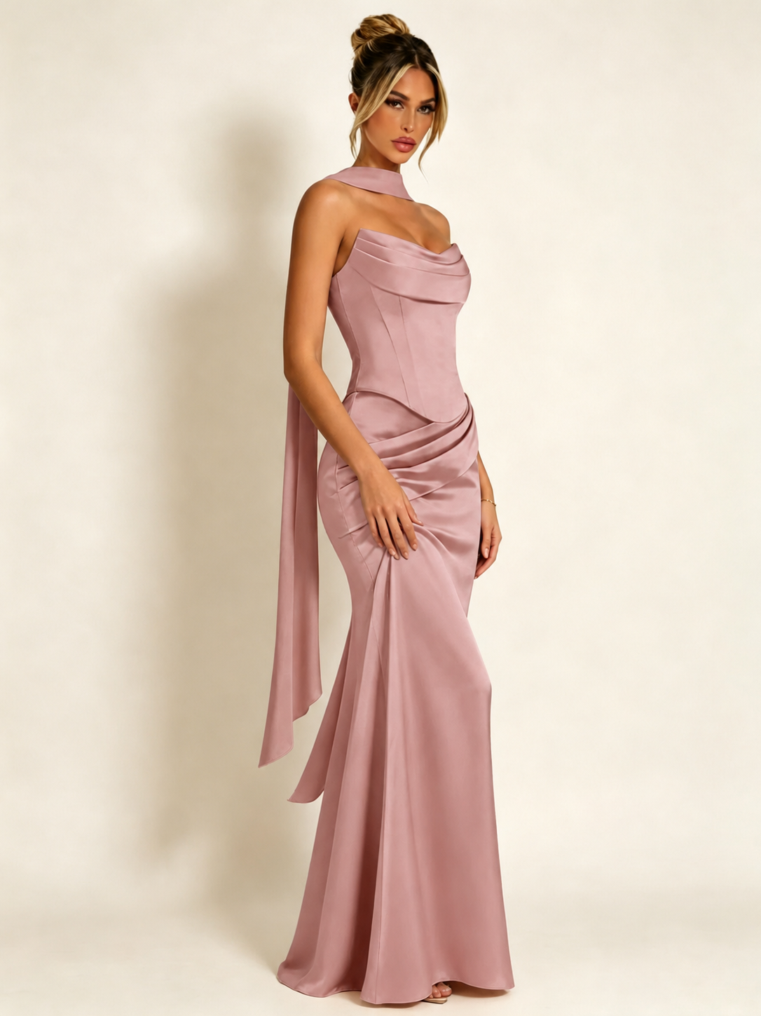 Satin Cowl Neck Mermaid Evening Dress with Corset Bodice and Draped Straps