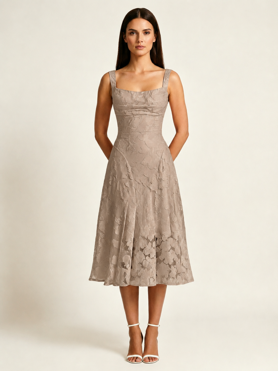 3D Floral Jacquard Square Neck Midi Dress