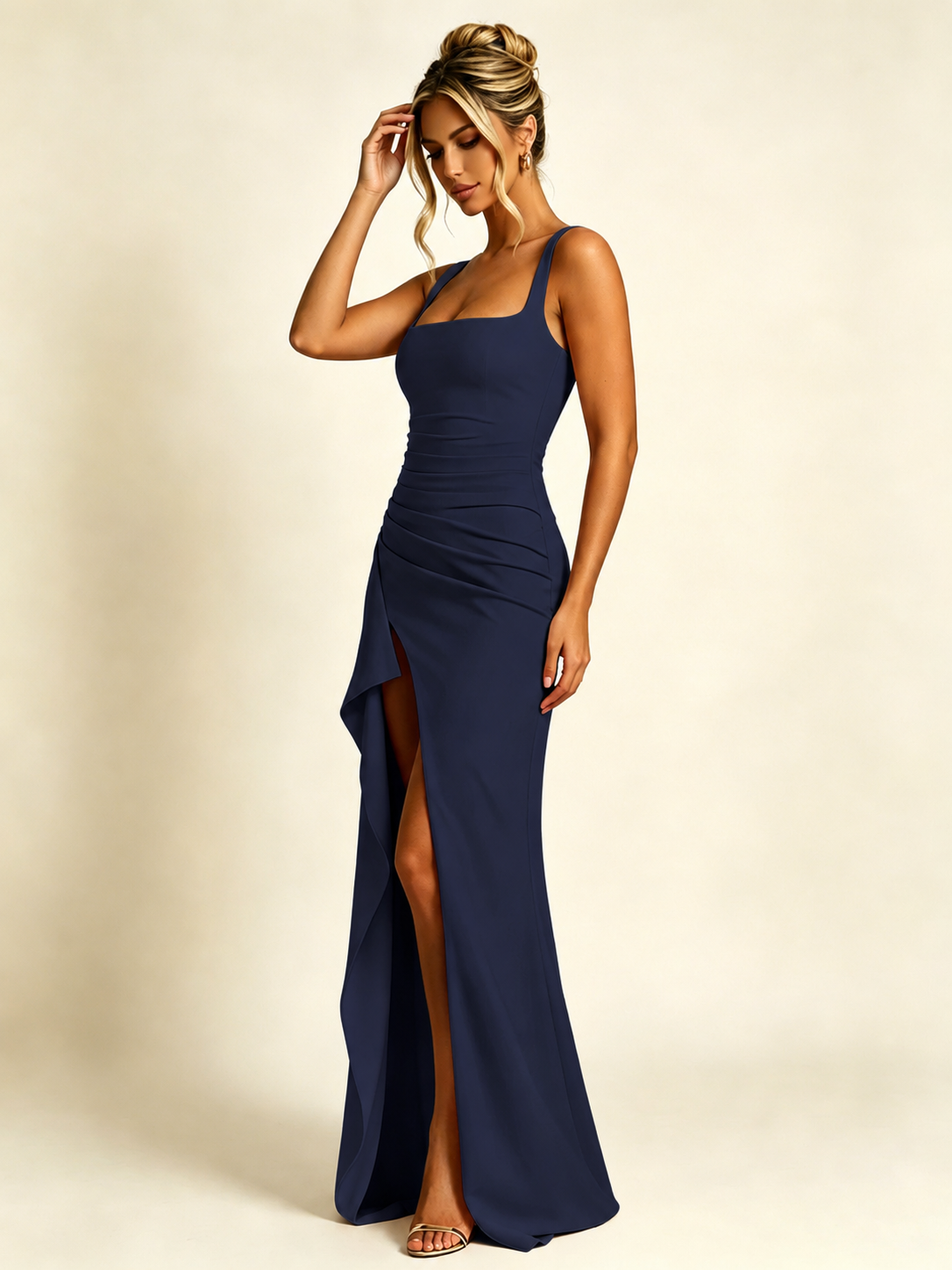 Square Neck Ruched Waist High Slit Mermaid Maxi Dress Ruffle Train Bodycon Bridesmaid Dress