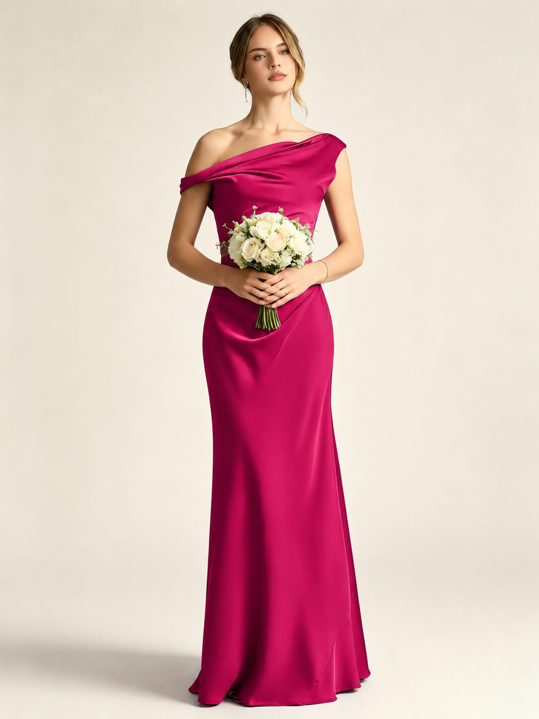 Satin Mermaid Bridesmaid Maxi Dress, Asymmetrical Off Shoulder Ruched Waist Open Back
