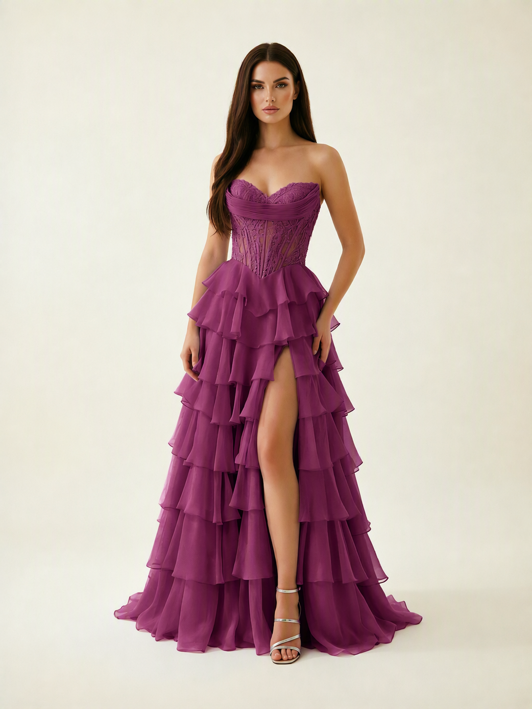 Strapless Lace Corset Tiered High Slit Prom Dress