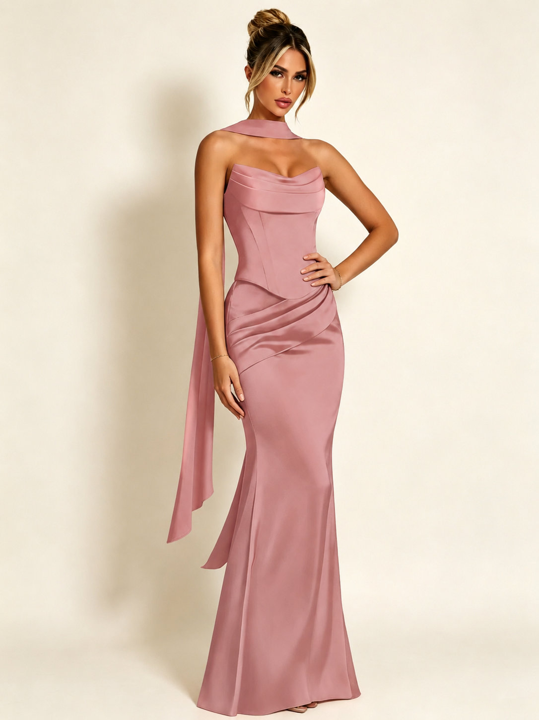 Satin Cowl Neck Mermaid Evening Dress with Corset Bodice and Draped Straps