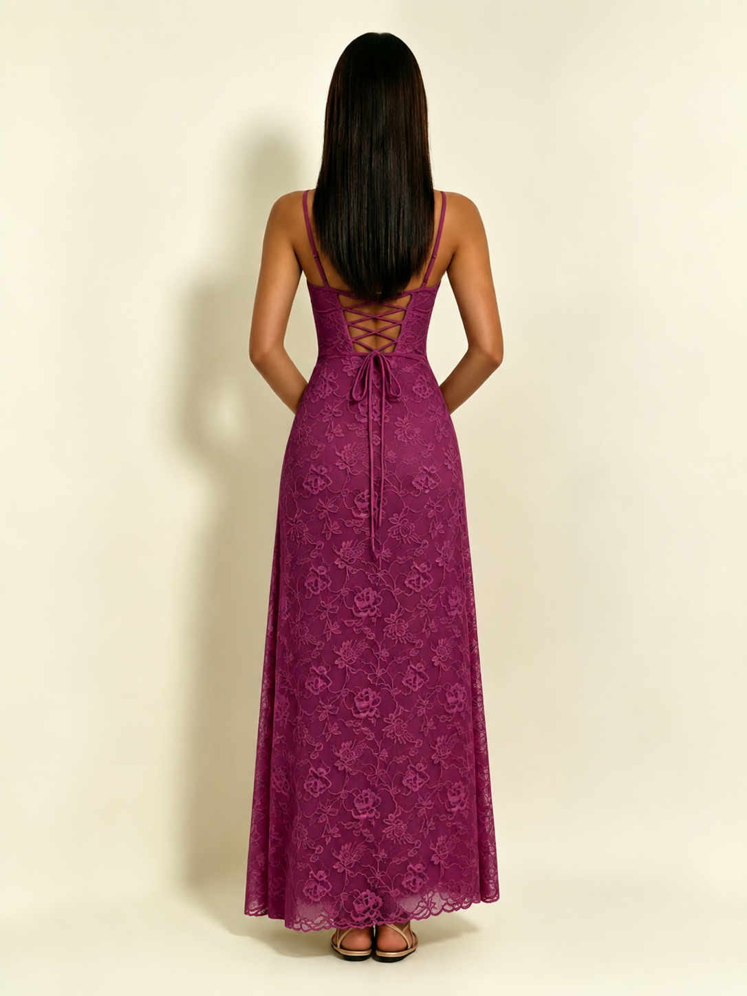 Satin Bust Lace Midi Maxi Dress, Spaghetti Strap Cross Lace Up Back Bridesmaid Dress