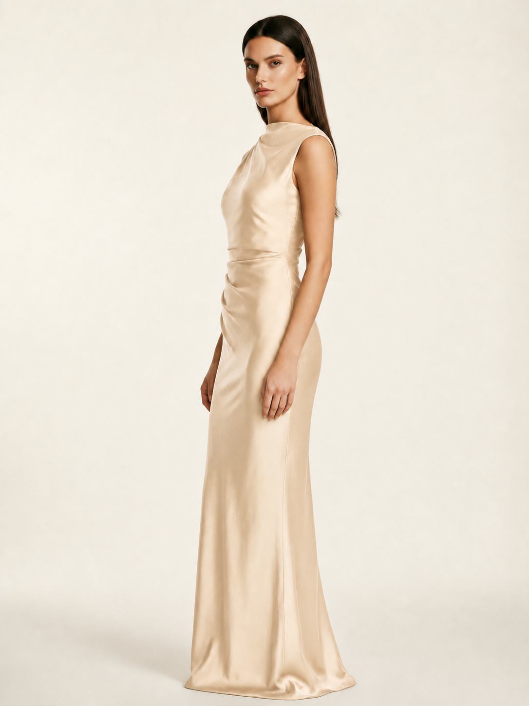 Sleeveless Draped Satin Mermaid Cutout Back Formal Dress