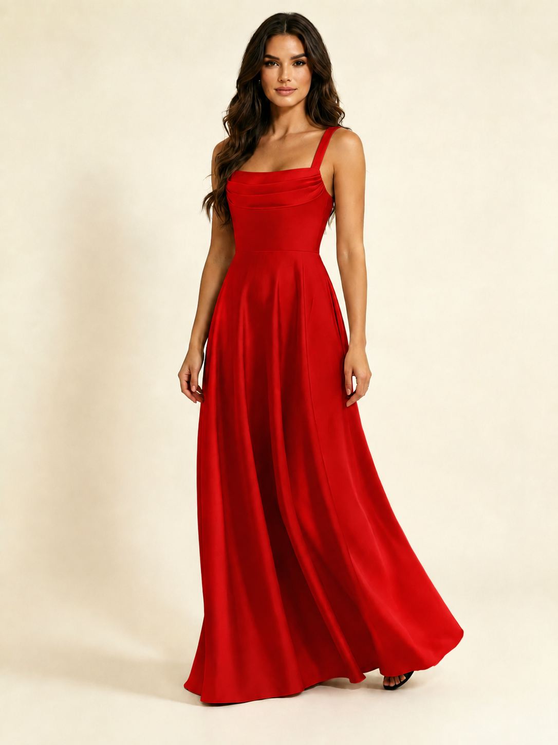 Satin Draped Cowl Square Neck A-Line Maxi Bridesmaid Dress
