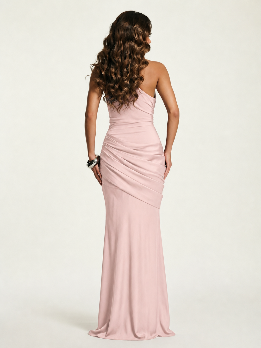 Single-shoulder satin floor-length evening dress
