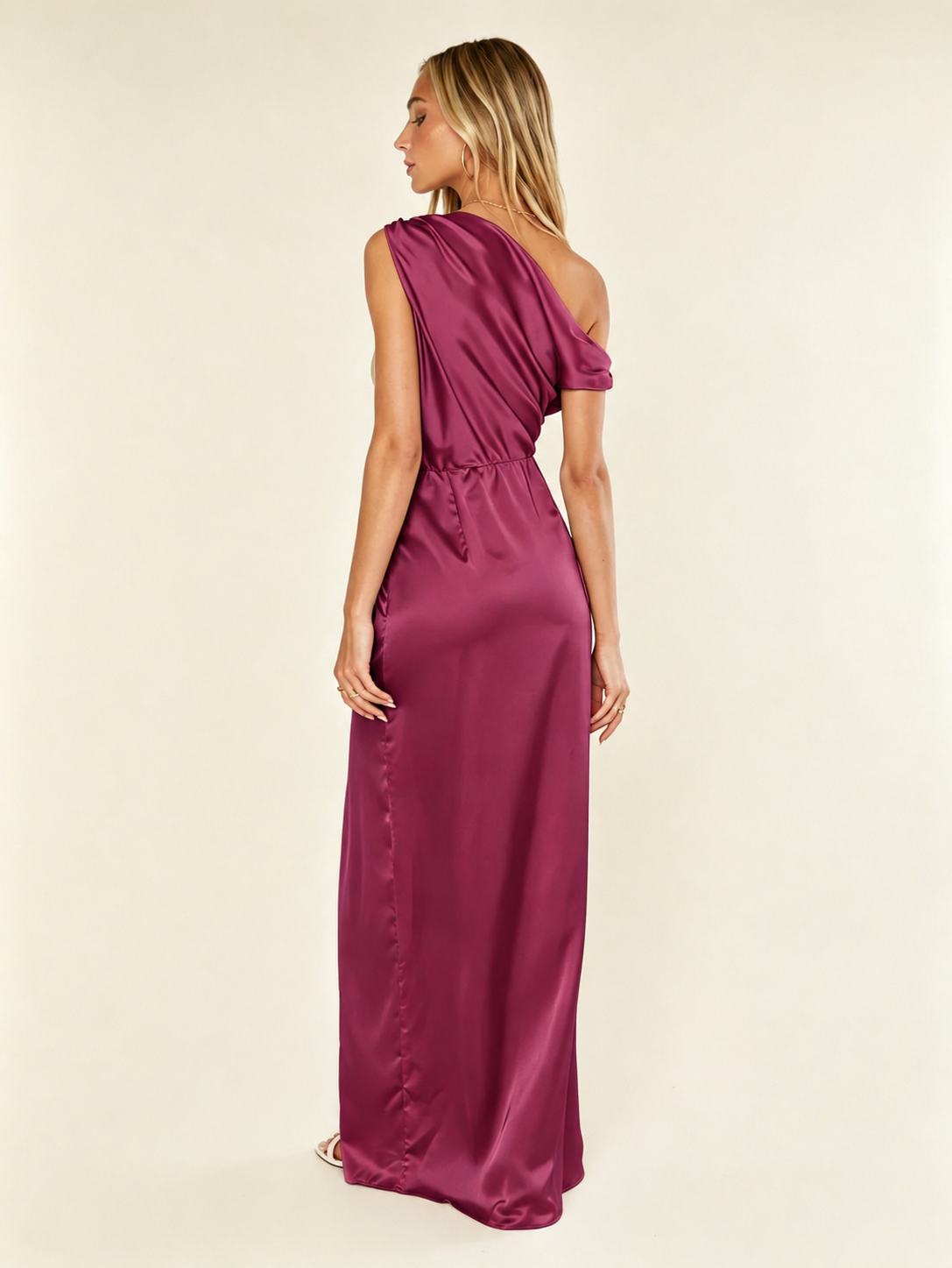 Satin One Shoulder Maxi Dress Asymmetric Draped High Slit Bridesmaid Dress