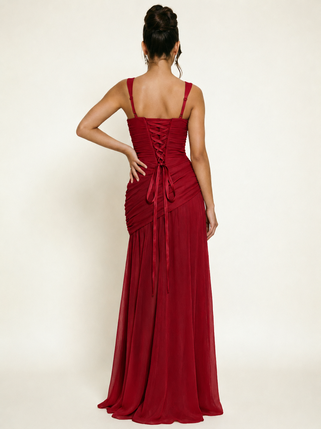 Adjustable Strap Shiny Draped Formal Maxi Dress with Corset Lace Up Back