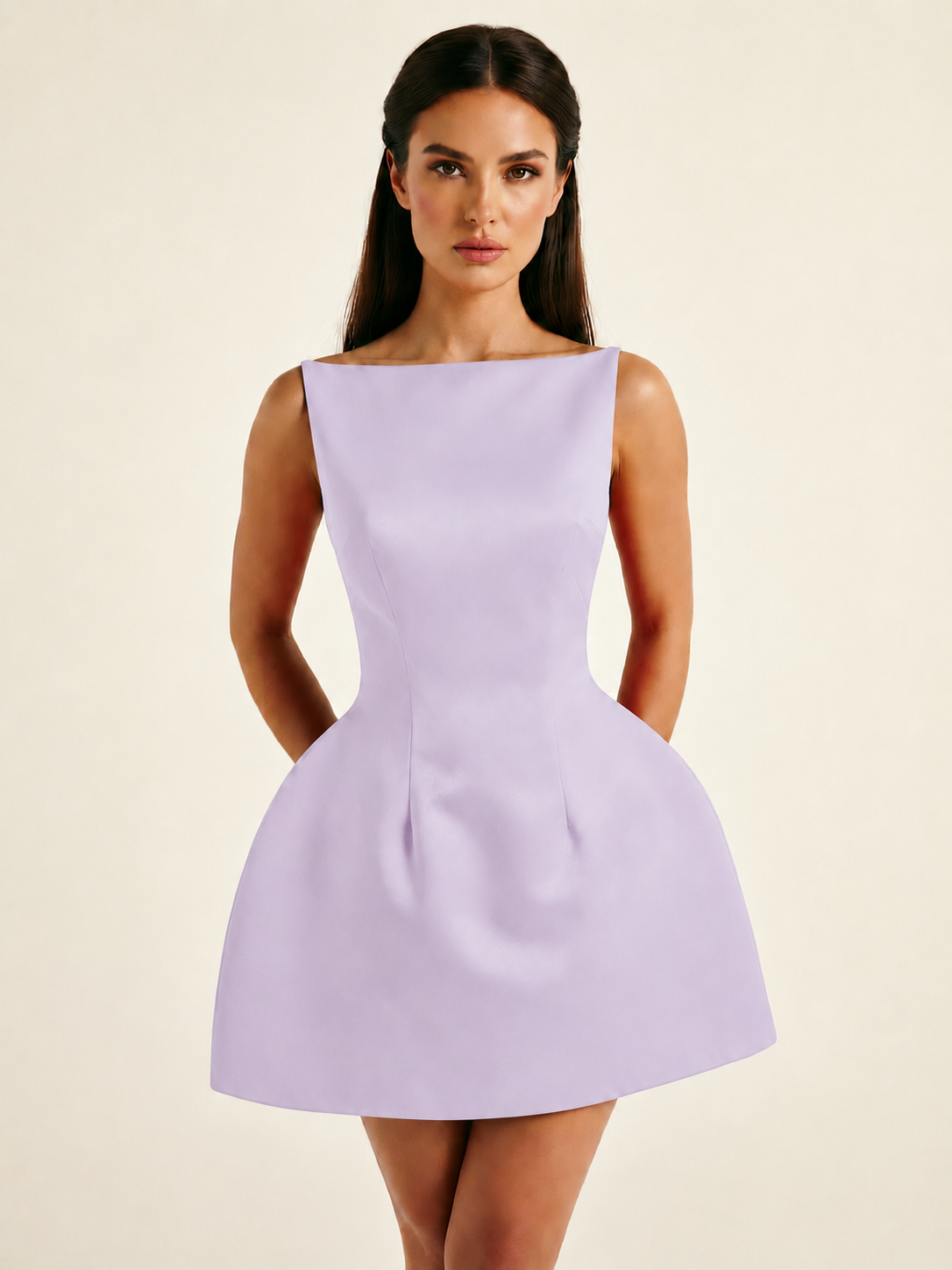 Satin Boat Neck Open Back Fit & Flare Mini Dress