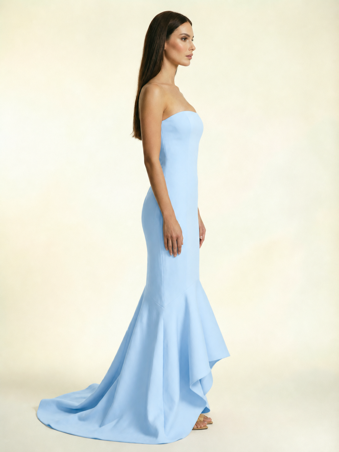 Strapless Satin Mermaid Dress With Ruffled Train & Lace-Up Back