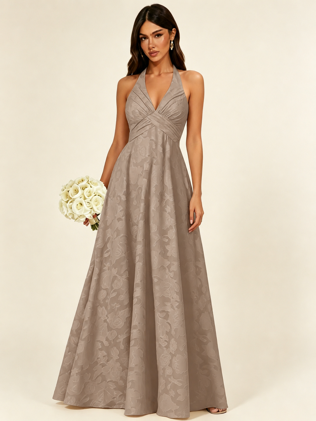 Floral Jacquard Halter Deep V A-Line Maxi Dress Backless Lace-Up Corset Bridesmaid Dress