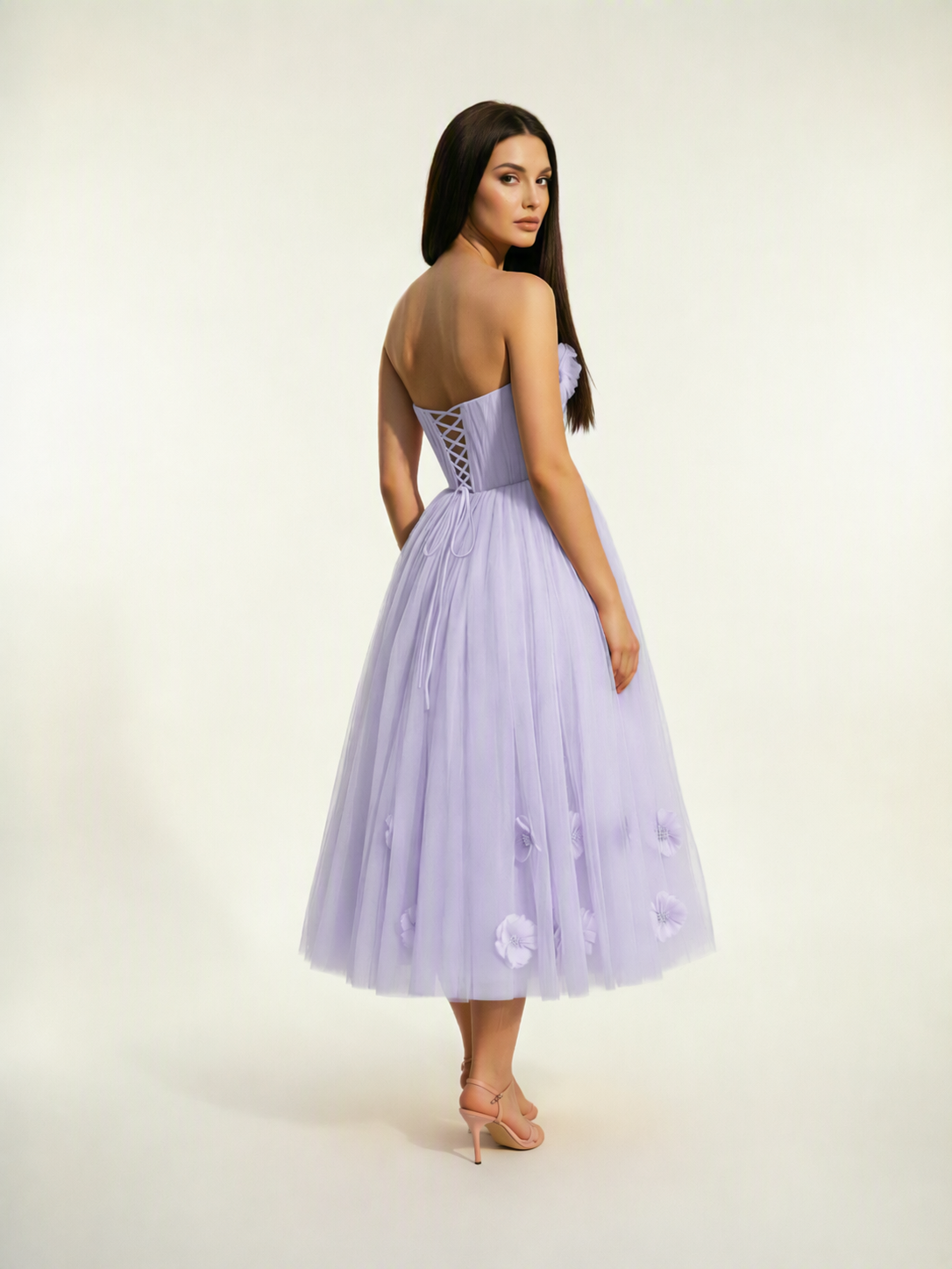 Strapless Tulle Midi Dress with 3D Floral Appliqués, Lace-Up Corset Back