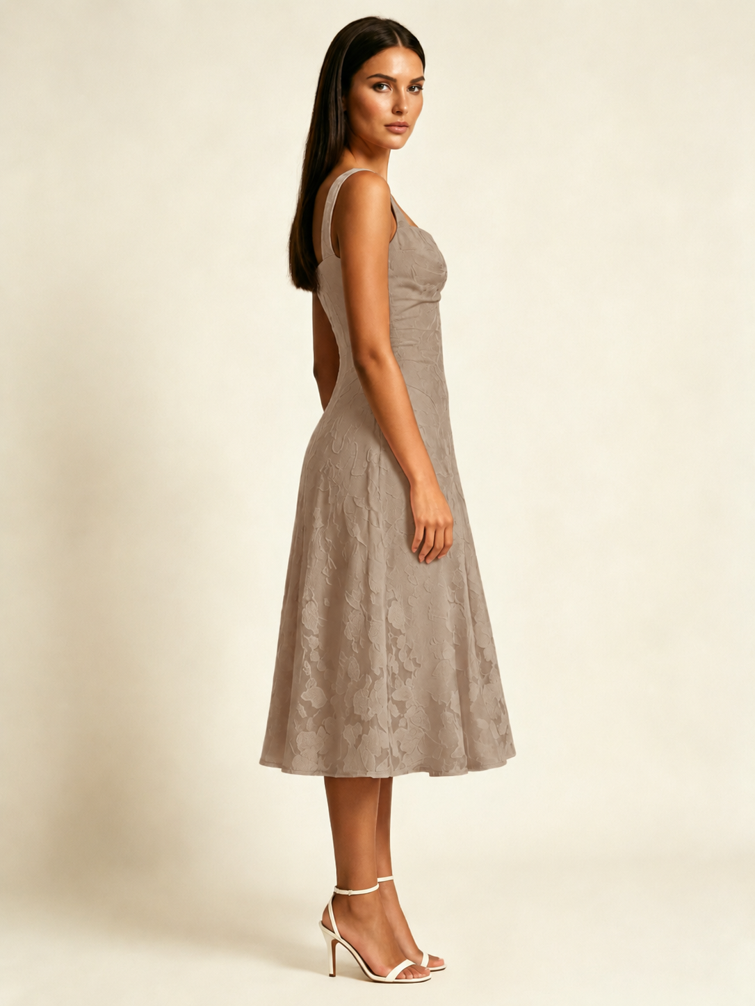 3D Floral Jacquard Square Neck Midi Dress