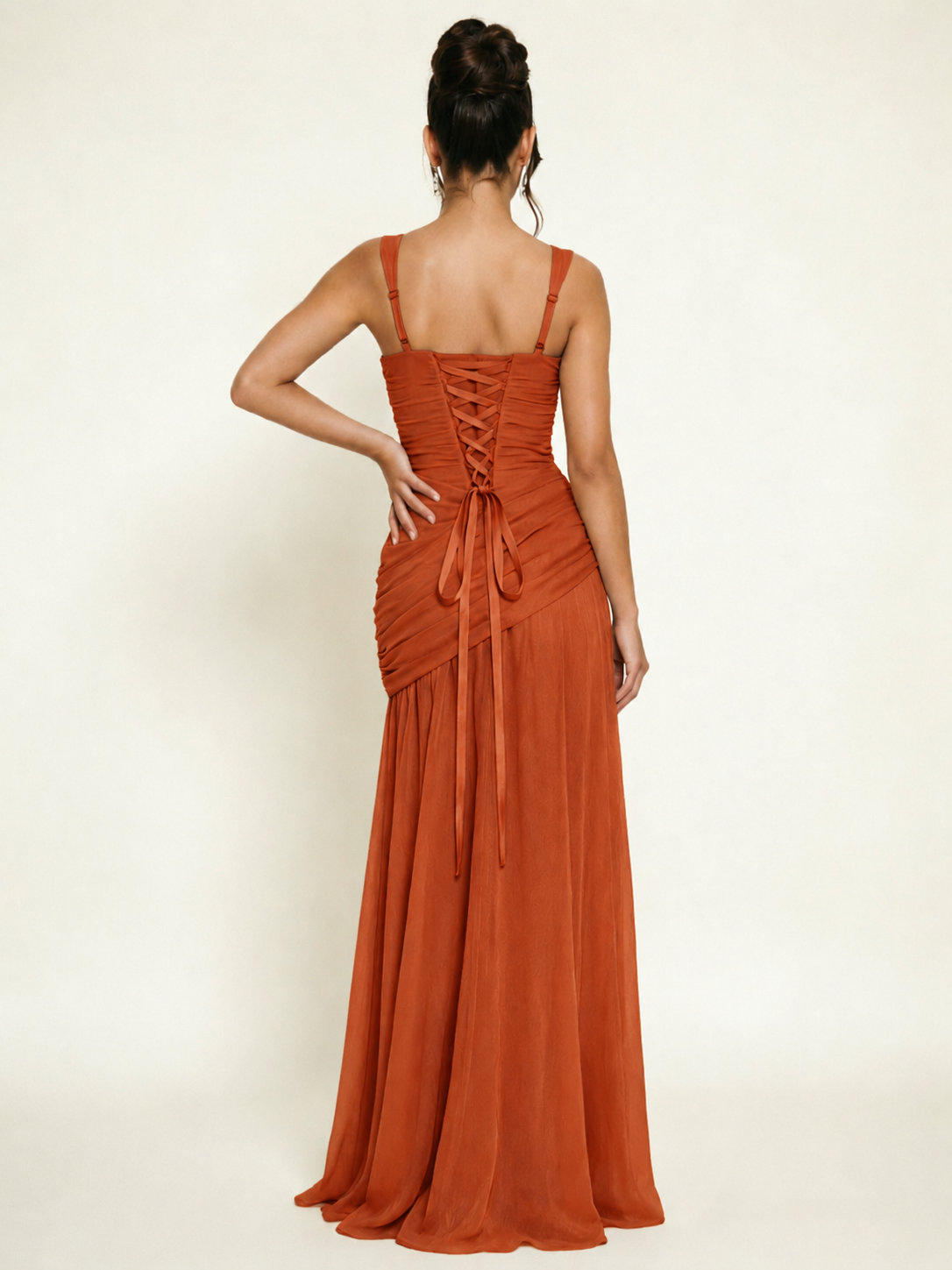Adjustable Strap Shiny Draped Formal Maxi Dress with Corset Lace Up Back