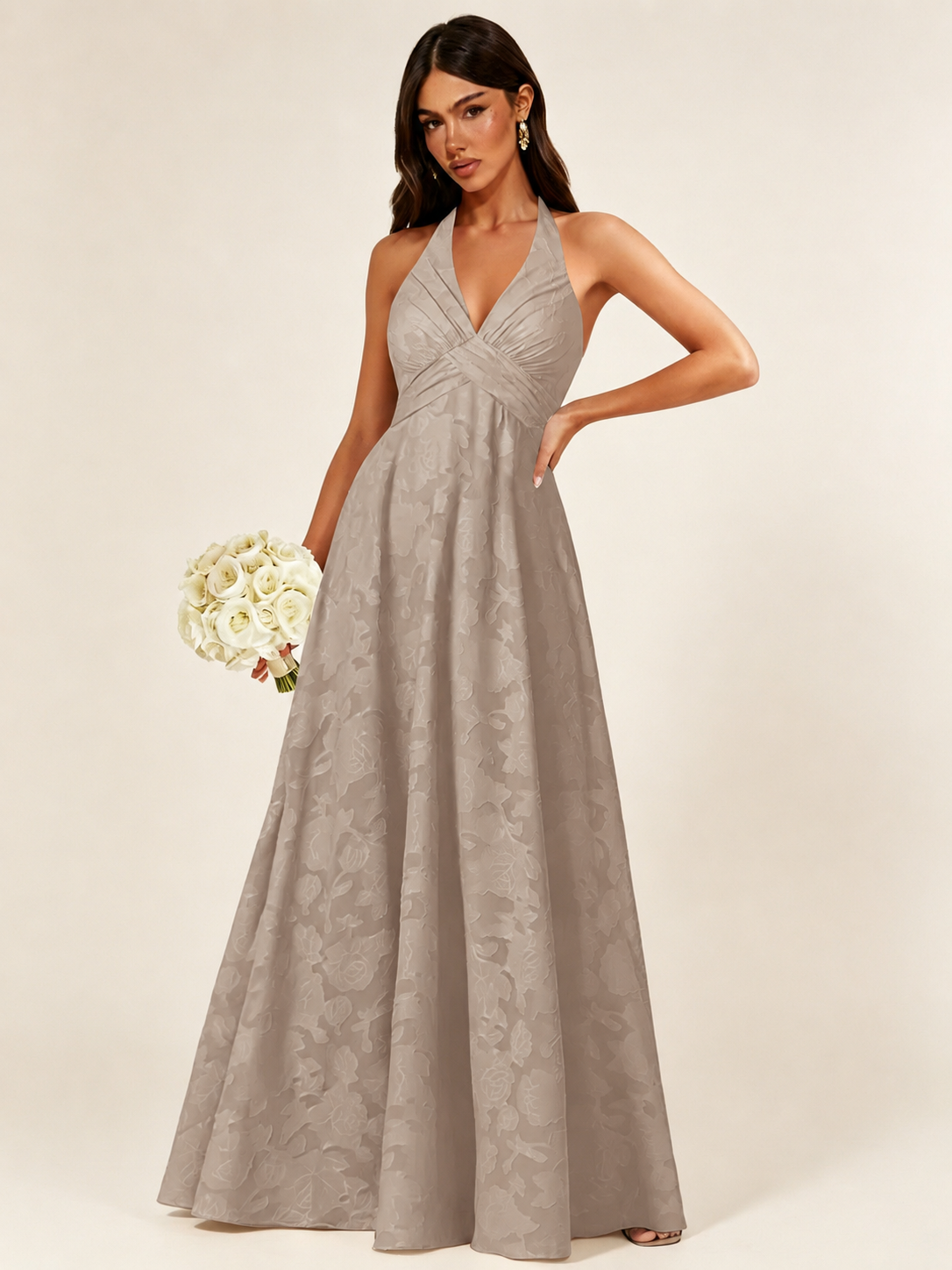 Floral Jacquard Halter Deep V A-Line Maxi Dress Backless Lace-Up Corset Bridesmaid Dress