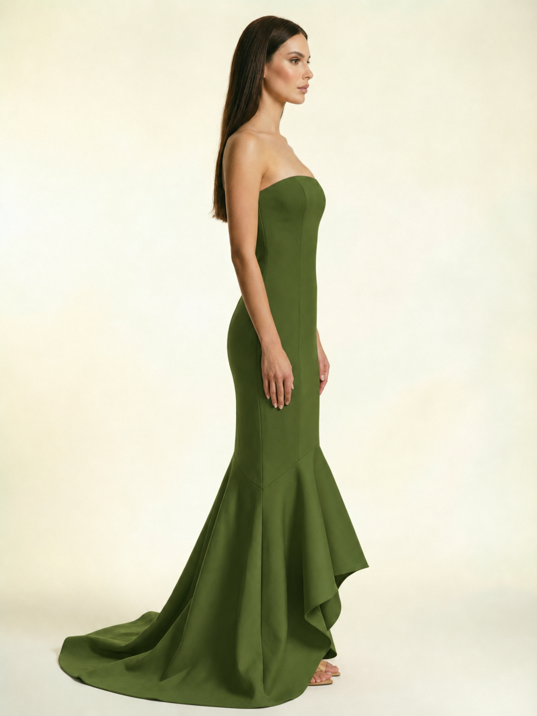 Strapless Satin Mermaid Dress With Ruffled Train & Lace-Up Back