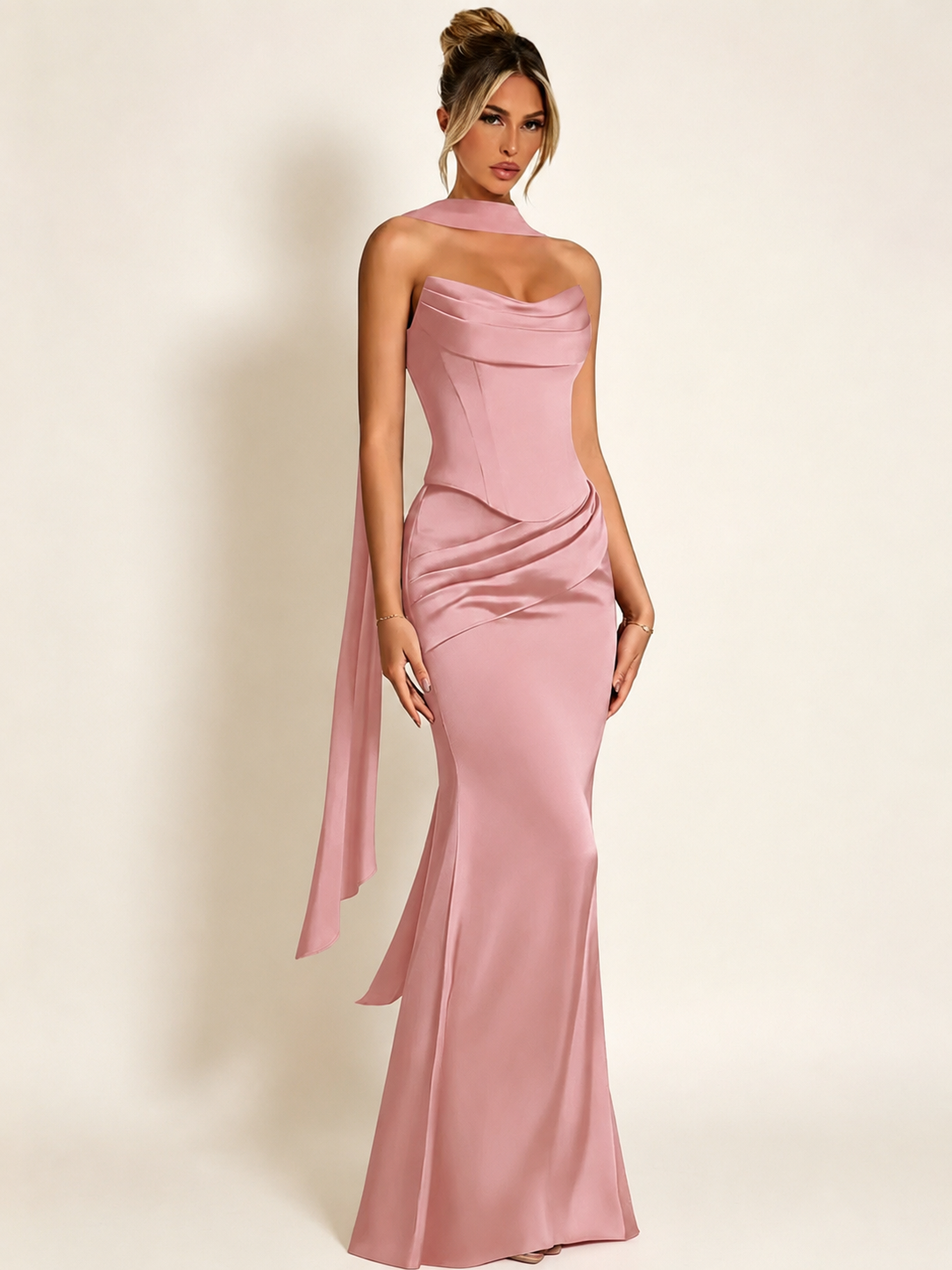Satin Cowl Neck Mermaid Evening Dress with Corset Bodice and Draped Straps