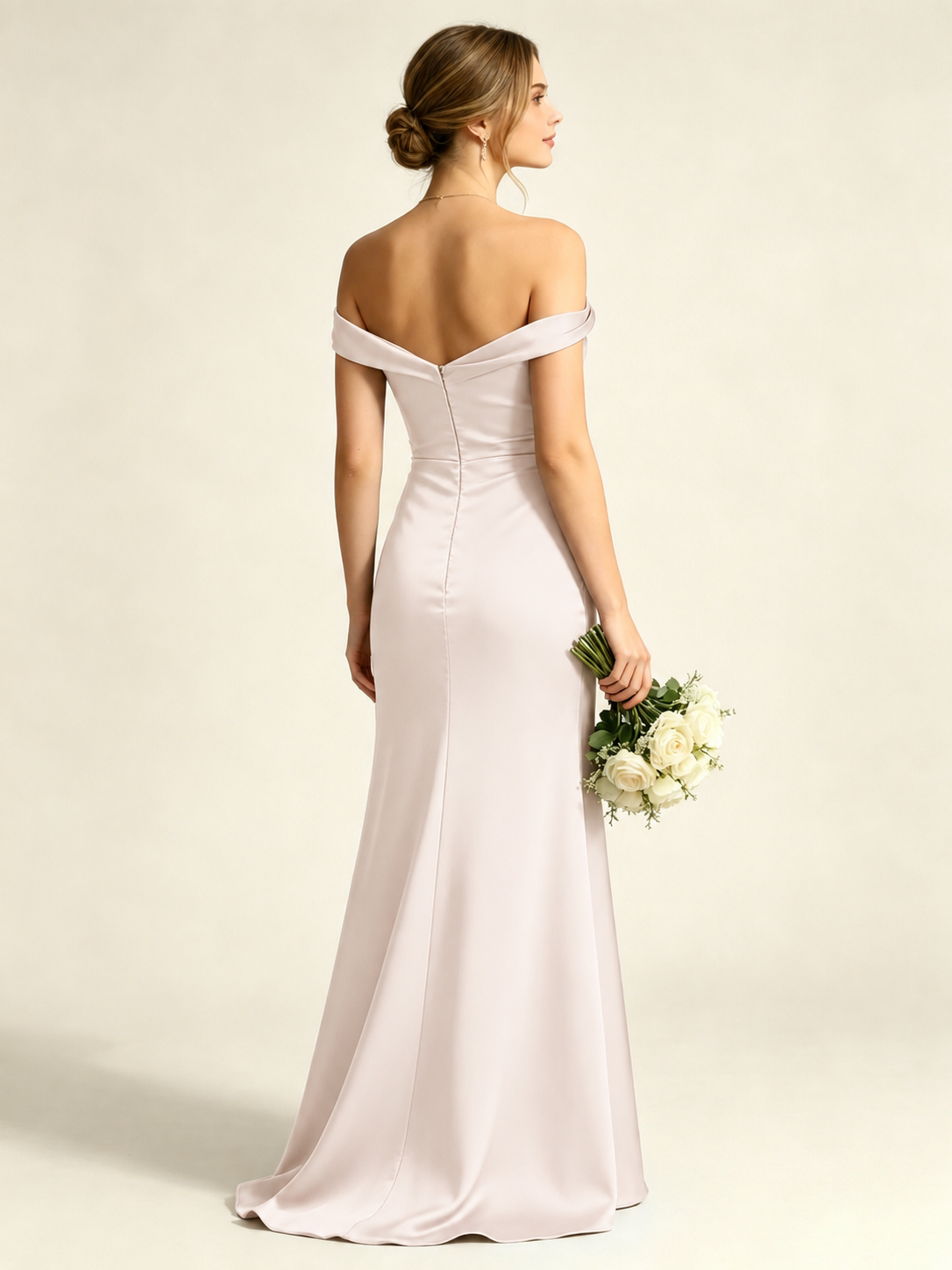 Satin Mermaid Bridesmaid Maxi Dress, Asymmetrical Off Shoulder Ruched Waist Open Back