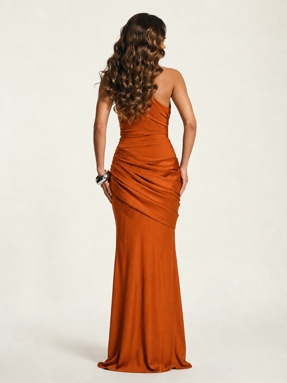 Single-shoulder satin floor-length evening dress