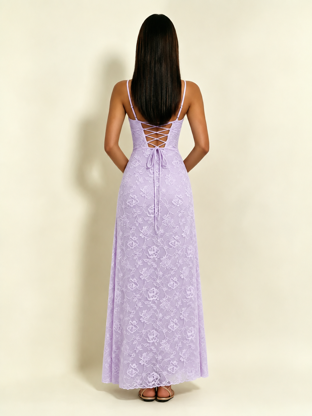 Satin Bust Lace Midi Maxi Dress, Spaghetti Strap Cross Lace Up Back Bridesmaid Dress
