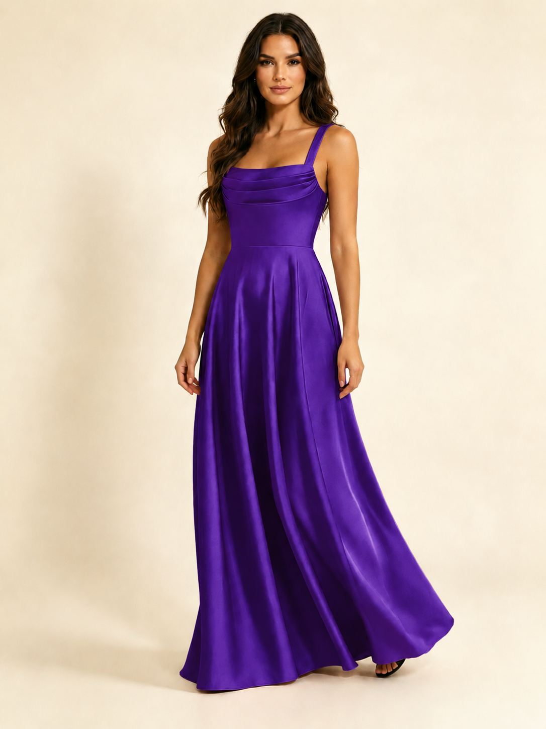 Satin Draped Cowl Square Neck A-Line Maxi Bridesmaid Dress
