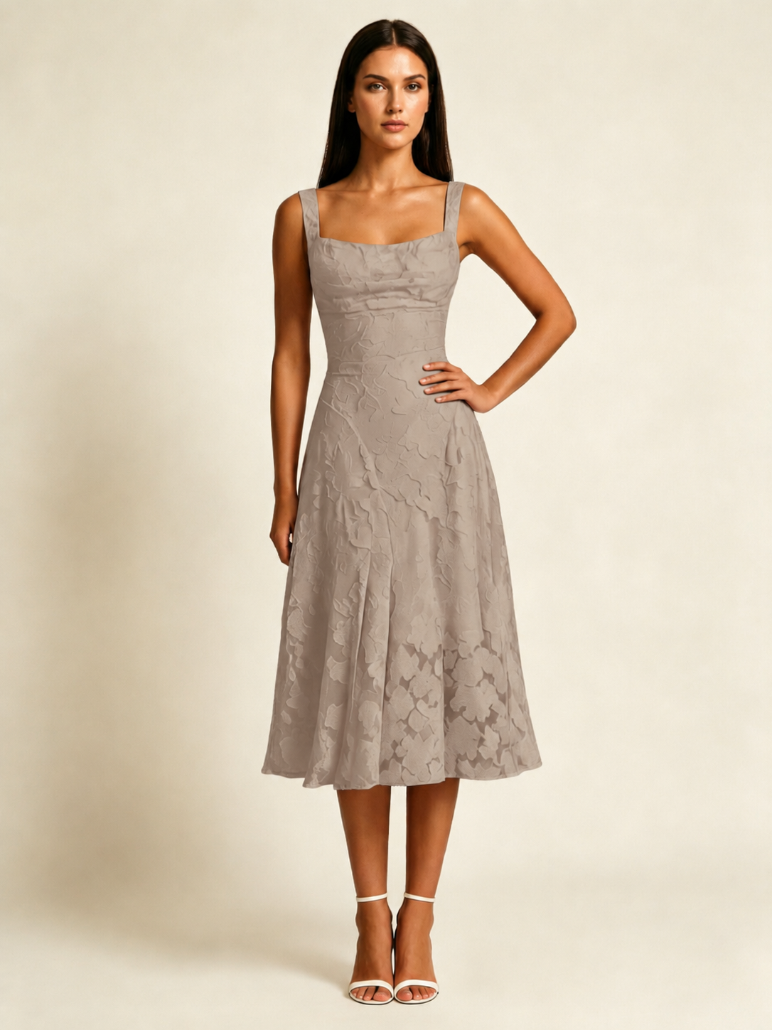3D Floral Jacquard Square Neck Midi Dress