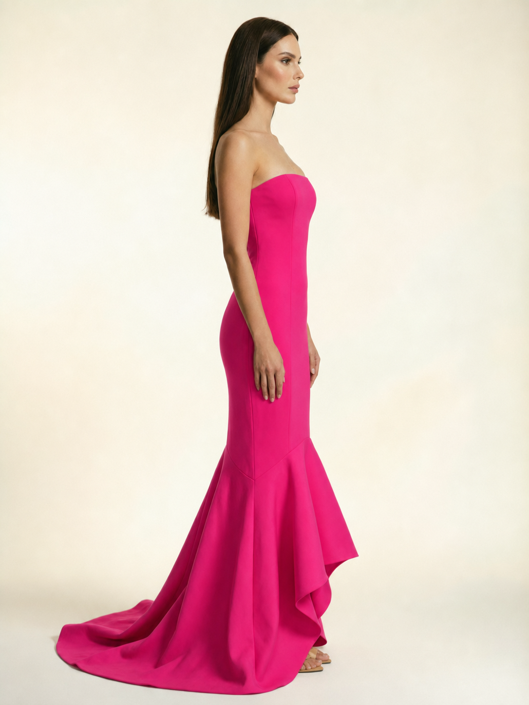 Strapless Satin Mermaid Dress With Ruffled Train & Lace-Up Back