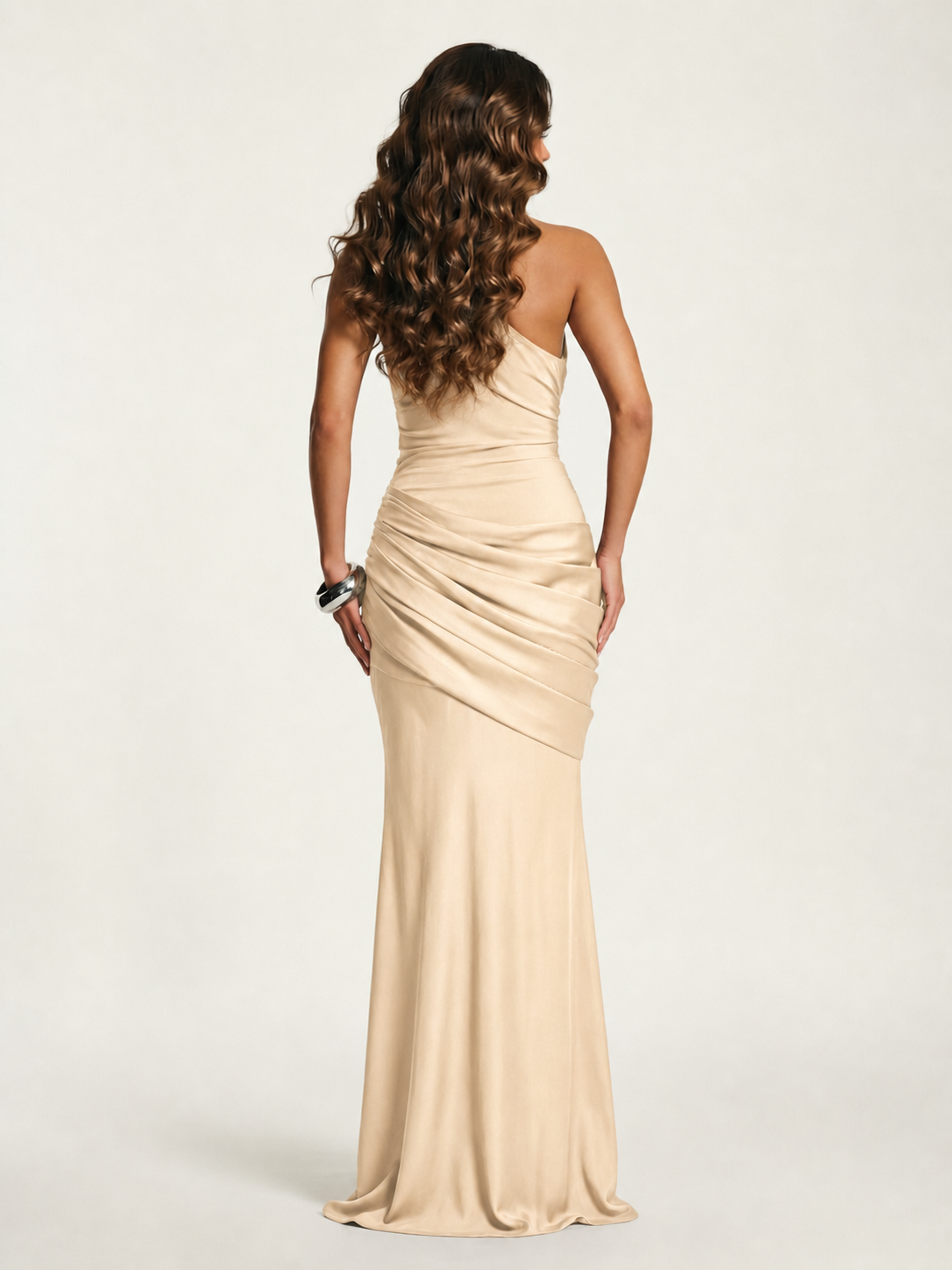 Single-shoulder satin floor-length evening dress