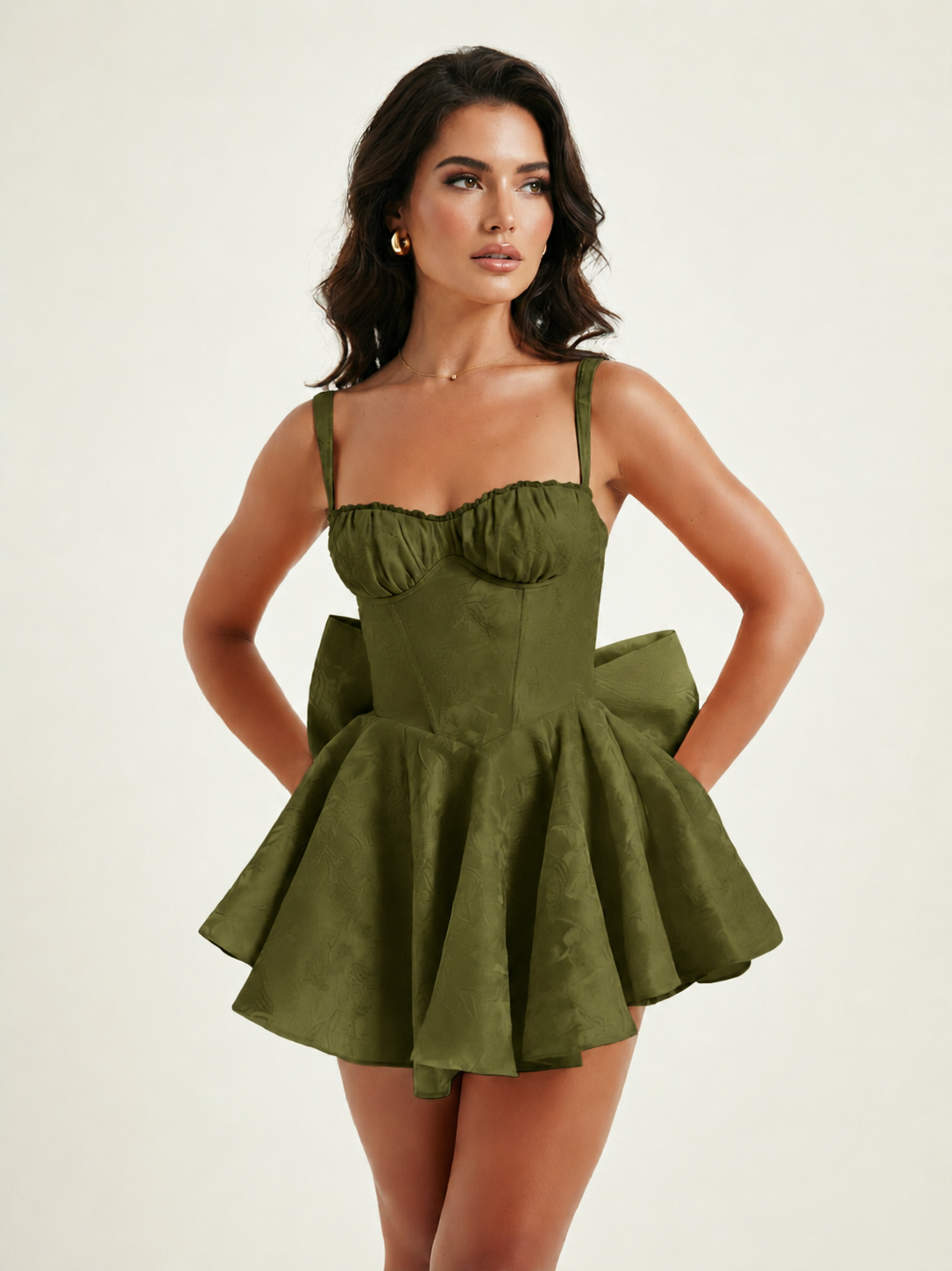 Jacquard Corset Bow Back Sweetheart Neckline A-Line Ruffle Cocktail Dress