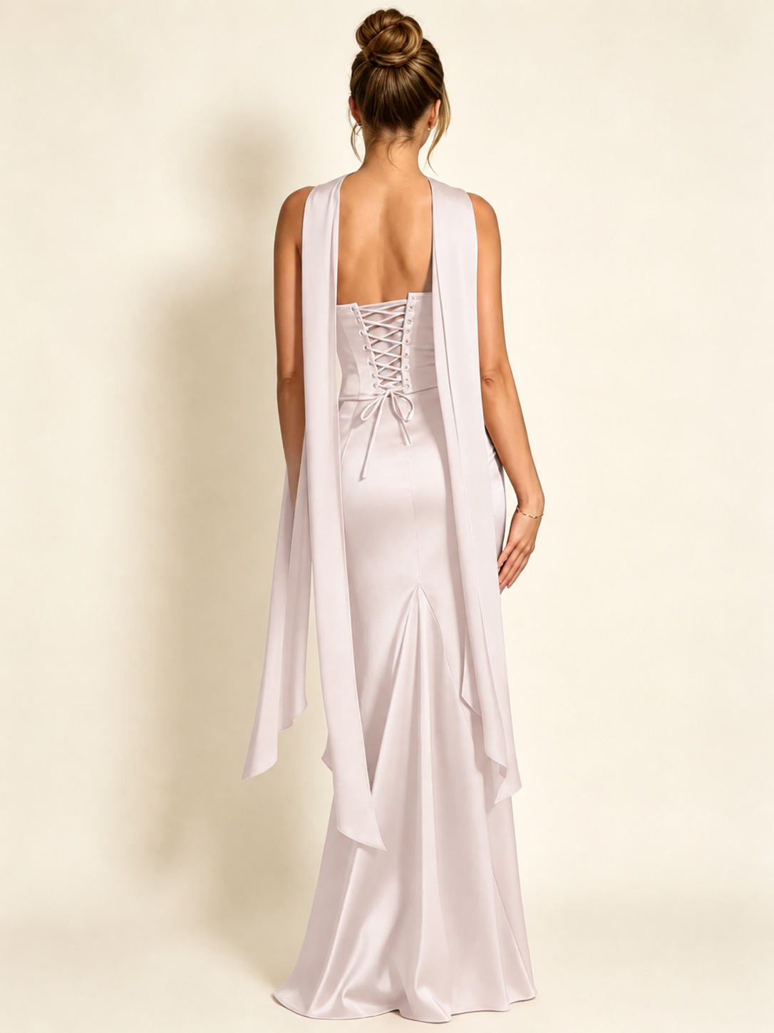 Satin Cowl Neck Mermaid Evening Dress with Corset Bodice and Draped Straps