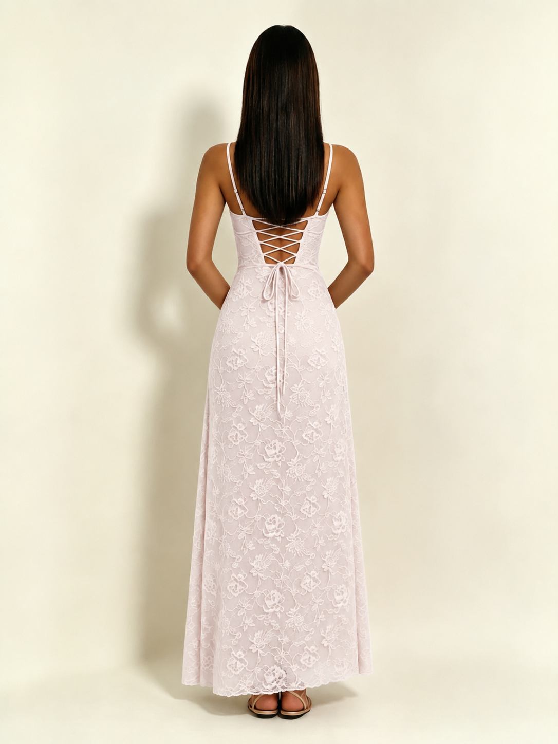 Satin Bust Lace Midi Maxi Dress, Spaghetti Strap Cross Lace Up Back Bridesmaid Dress