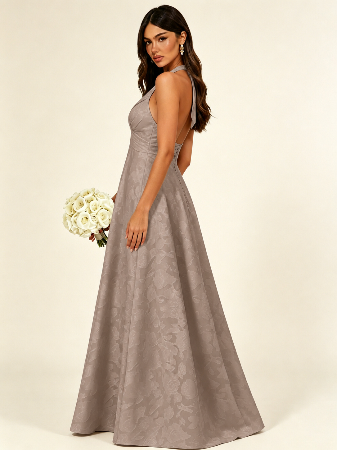 Floral Jacquard Halter Deep V A-Line Maxi Dress Backless Lace-Up Corset Bridesmaid Dress