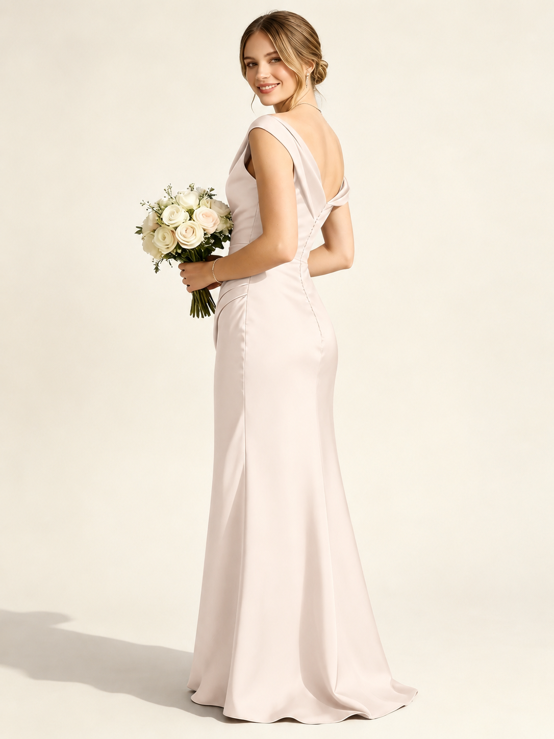 Satin Mermaid Bridesmaid Maxi Dress, Asymmetrical Off Shoulder Ruched Waist Open Back