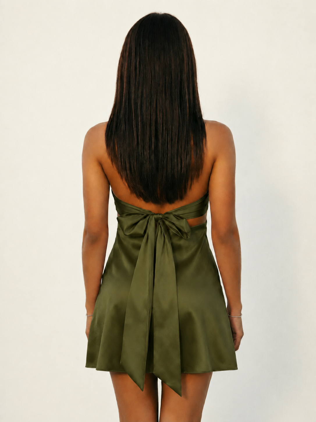 Strapless Satin Twist Cutout Tie-Back Mini Dress