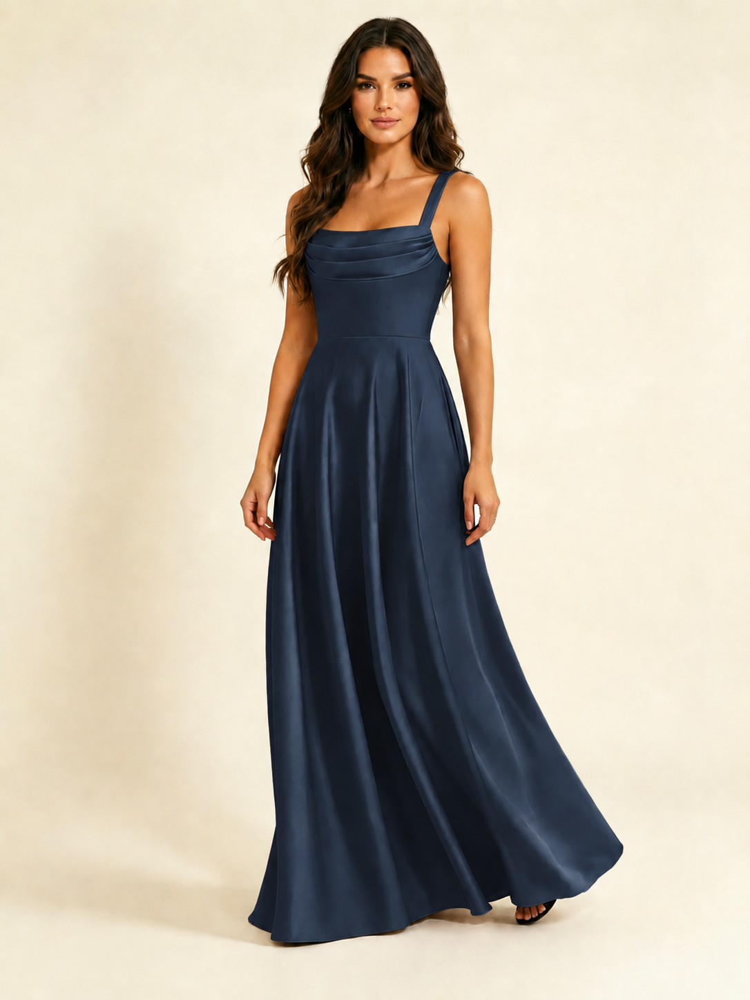 Satin Draped Cowl Square Neck A-Line Maxi Bridesmaid Dress