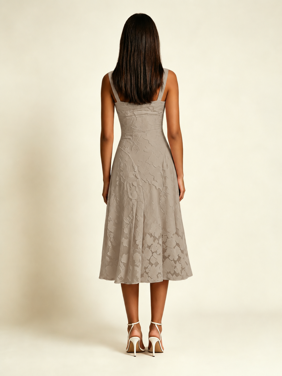 3D Floral Jacquard Square Neck Midi Dress