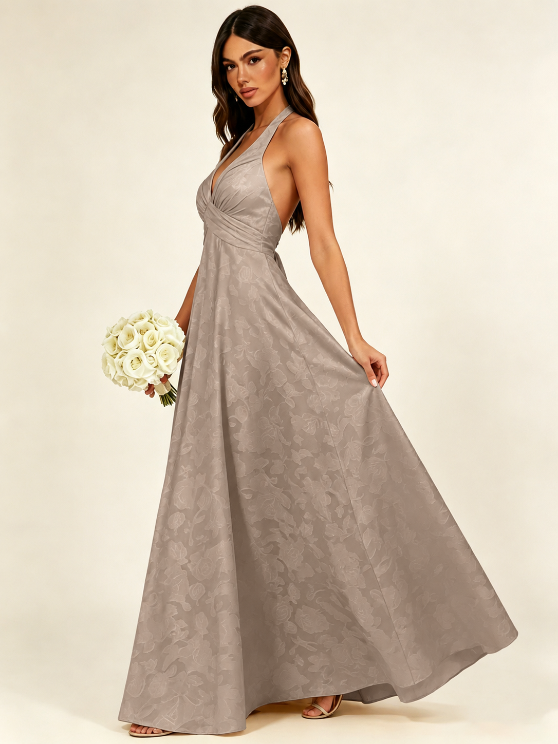 Floral Jacquard Halter Deep V A-Line Maxi Dress Backless Lace-Up Corset Bridesmaid Dress