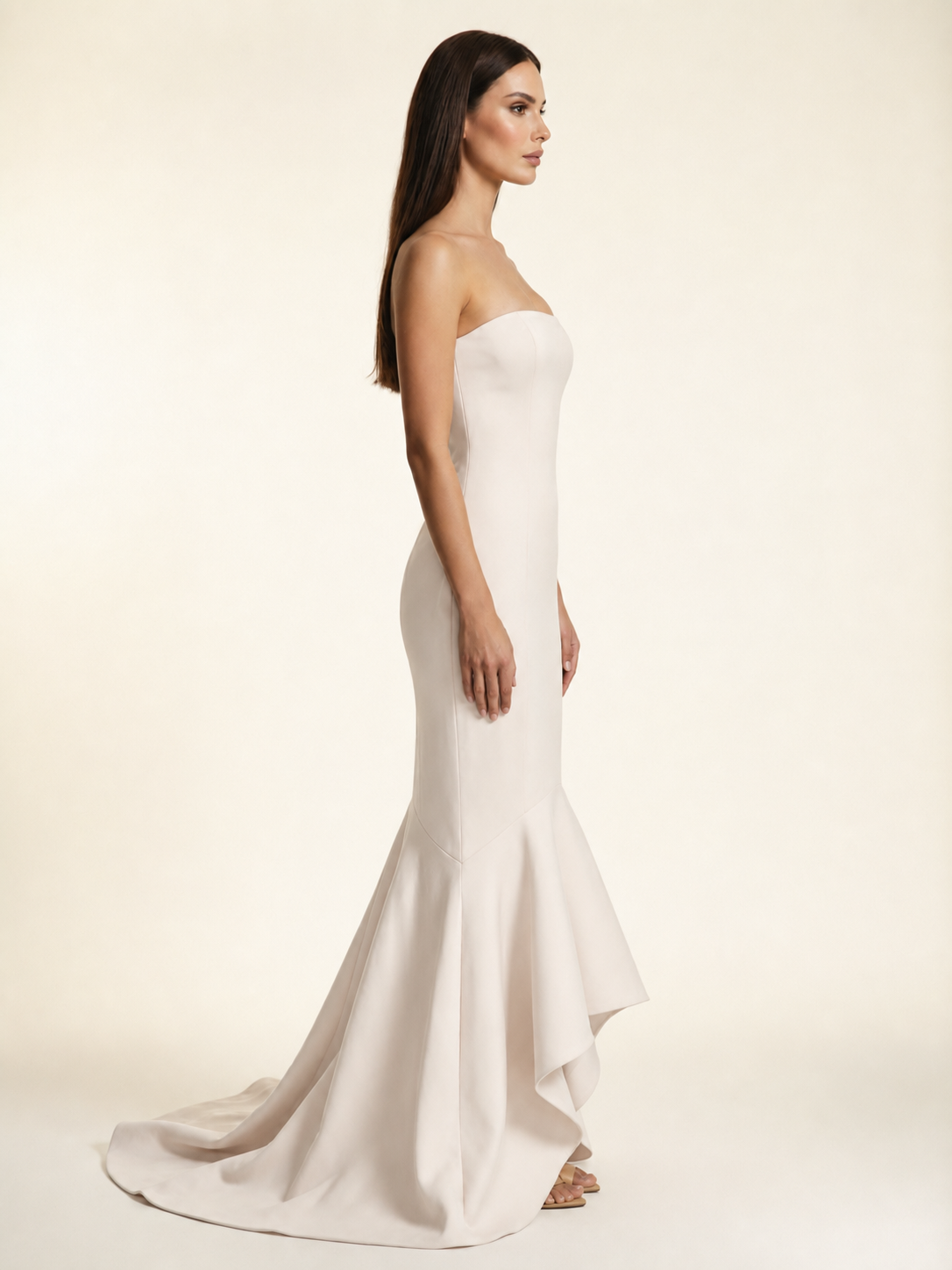 Strapless Satin Mermaid Dress With Ruffled Train & Lace-Up Back