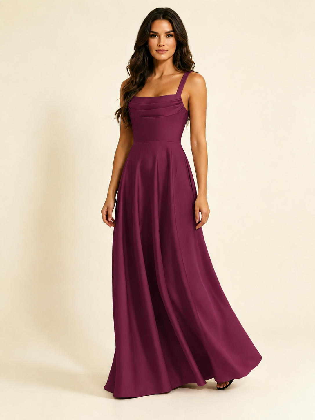 Satin Draped Cowl Square Neck A-Line Maxi Bridesmaid Dress