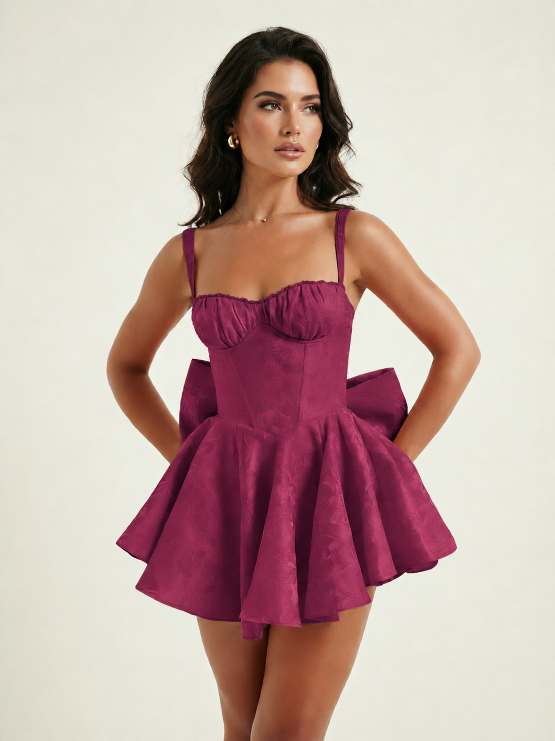 Jacquard Corset Bow Back Sweetheart Neckline A-Line Ruffle Cocktail Dress